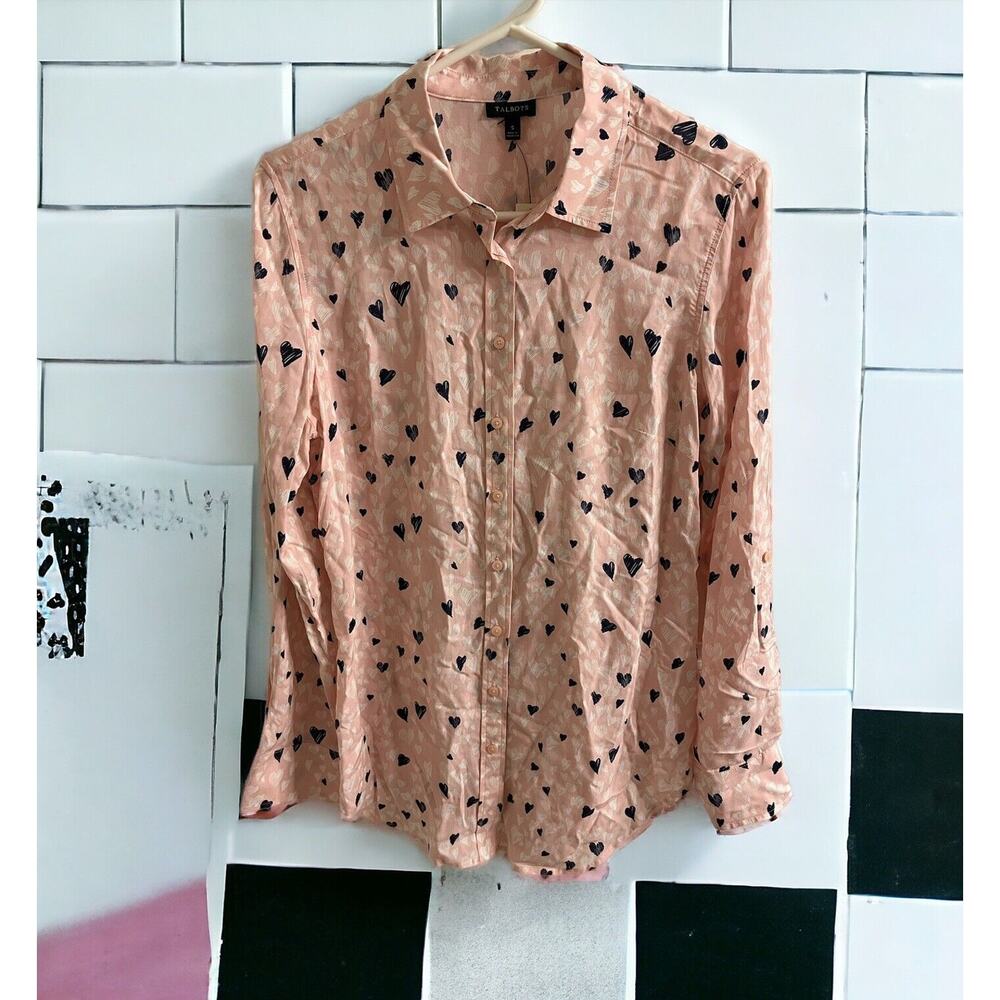 Talbots Shirt Blouse‎ Womens Size Small Pink Blue Hearts Button Down Rayon NWT
